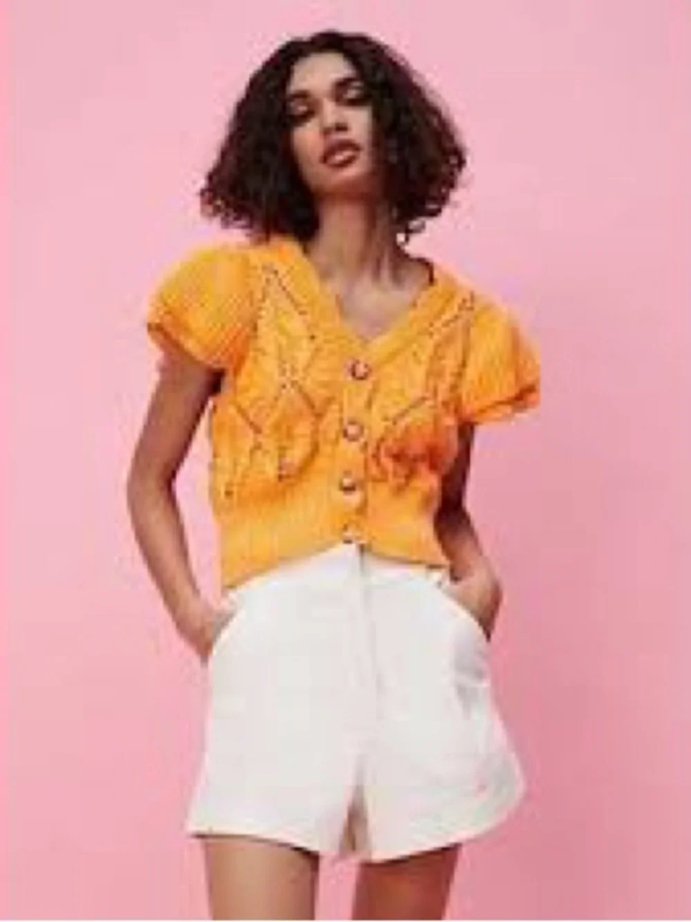 Zara light orange  Open-Knit Short Sleeve cotton Cardigan - Picture 4 of 12
